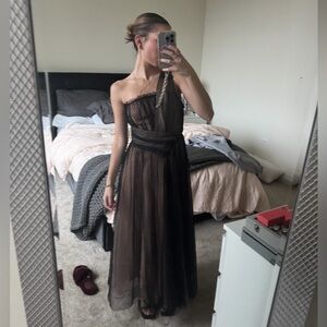 Anthropologie Black One-Shoulder Sheer Dot Maxi Dress